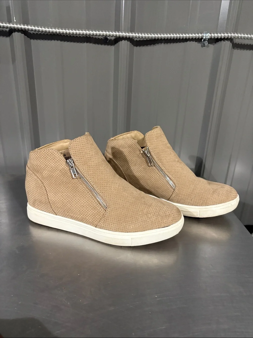 Casual Tan Wedge Sneaker Booties with Side Zip